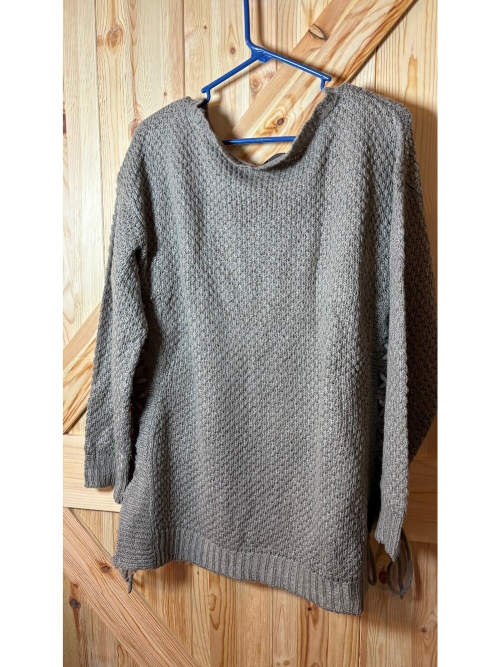 Venus Taupe Knit Sweater with Side Lace-Up Detail, Size Large